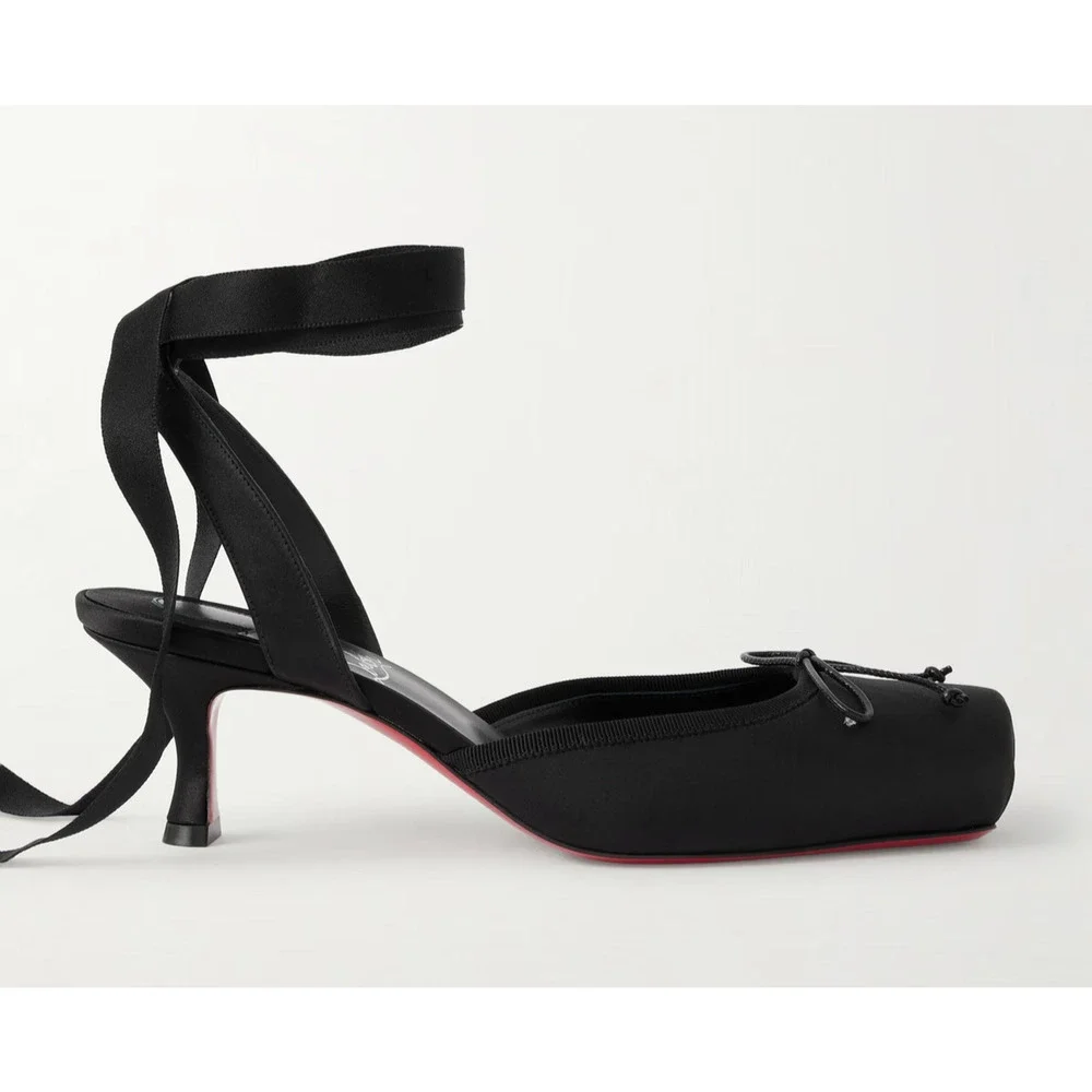Christian Louboutin Cassia Lace Up 55 Black Tie Ballet Sandal Low Heel Pump 38